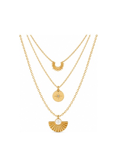 Aura Collection Solenne Güneş Figürlü Üçlü Katmanlı Gold Çelik Kolye Altın Altın
