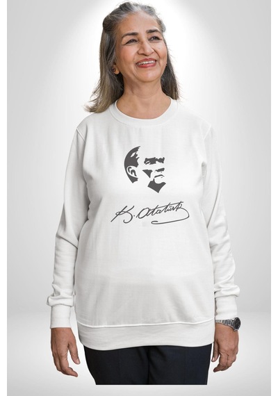 Kemal Atatürk İmza Ve Silüet Kadın Erkek Beyaz Baskılı Sweatshirt Beyaz