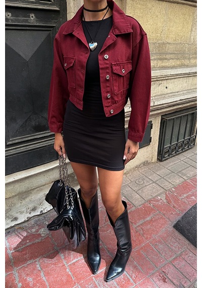 Loia Nido Moda Kadın Bordo Çift Cep Denim Crop Şık Ceket L26-bcdf-2554 Çok Renkli