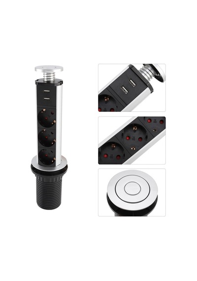 Xtechnx Xtechn476584 Vea Ve-24063 Üçlü 1.5 Metre Kablolu İki Usb Li 80mm Masaüstü Priz 1.5 M