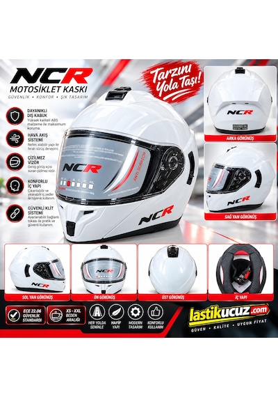 Ncr-166e Çene Açılır Gözlüklü Ece 22-06 Belgeli Kask Parlak Beyaz
