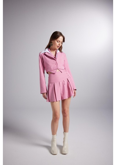Holly Lolly Çıkarılabilir Gömlek Yakası Detaylı Çizgili Crop Kira Blazer Ceket Pembe