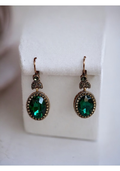 Kristal Taşlı Oval Kesim Sallantılı Küpe Yeşil
