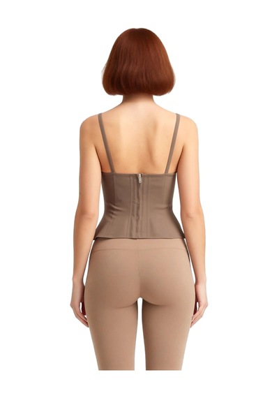 Ersefa Kadın Dokuma Bluz Peplum Detaylı Kalp Yaka Kolsuz Gabardin Kumaş Açık Kahverengi