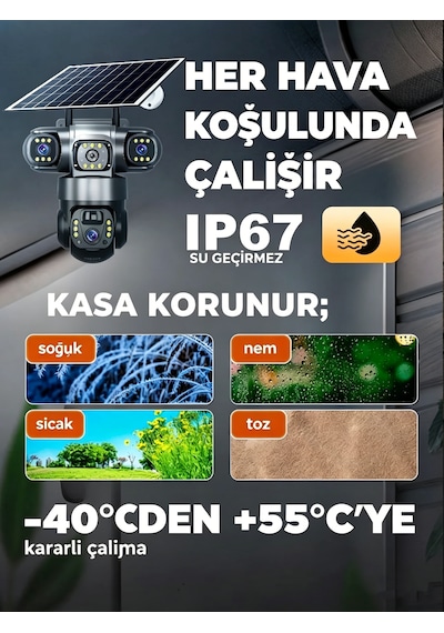 3 Kamera + Güneş Paneli 4k 4g Sım , Uzaktan Kontrol V380pro , Hareket Algılama, Gece Görüş Her Yerde Kullanım İç Ve Dış Mekan