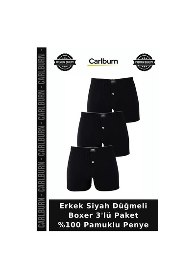 Carlburn Delux Serisi Erkek Siyah Düğmeli Boxer 3'lü Paket %100 Pamuklu Penye Stil Parça Kıyafetler Kıyafet
