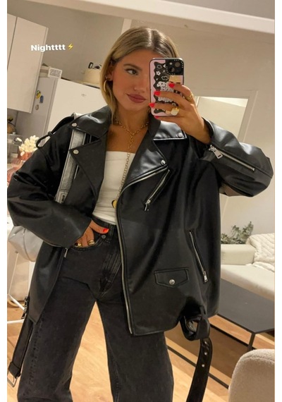 Prifaldi Oversize Uzun Kadın Deri Ceket Siyah