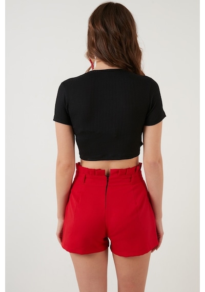 Lela Fitilli Bel Detaylı Kısa Kollu Dar Kesim Crop Bayan Bluz 5864211 Siyah