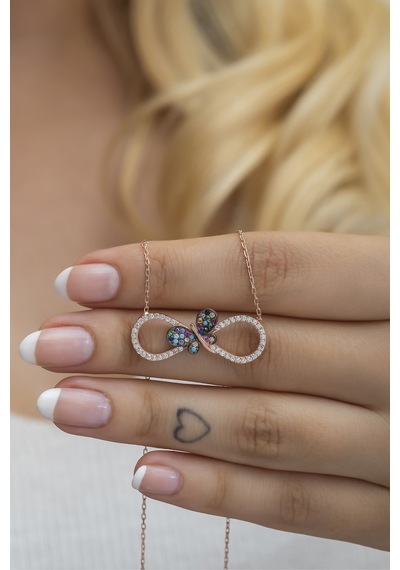 925 Ayar Gümüş Mix Taşlı Kelebek Detay Sonsuzluk Kolye Rose Gold