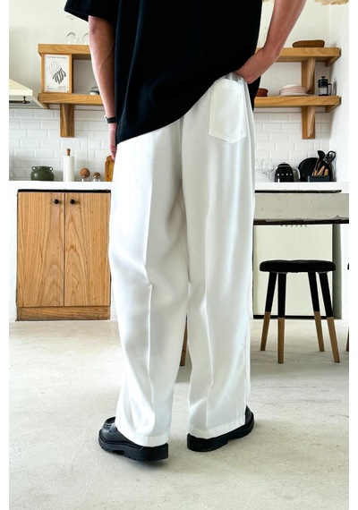 Flaw Rahat Kesim Bel Lastikli Baggy Pantolon Beyaz Beyaz
