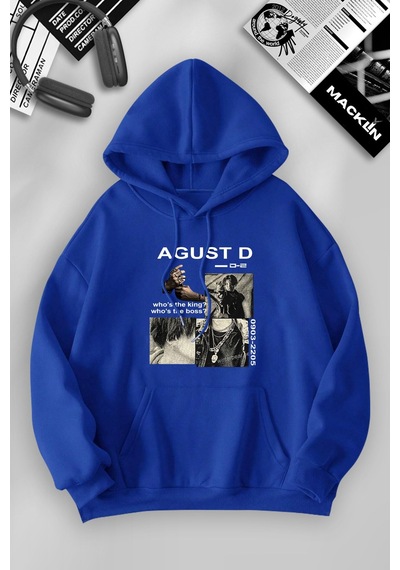 Macklin Unisex Kadın Erkek Agust D Bts Özel Tasarım Baskılı Kapşonlu Sweatshirt Mavi Mck1108 Mavi