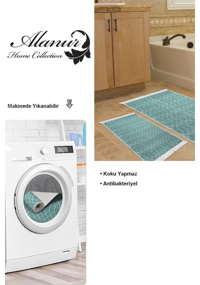 Dekoreko Kaymaz Taban Djt 2 Li Banyo Paspas Takımı Trend Saçaklı Iskandinav F5084 Turkuaz