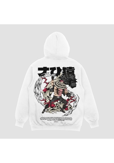 Unisex Beyaz Katakuri Baskılı Hoodie Oversize Kapşonlu Sweatshirt Beyaz