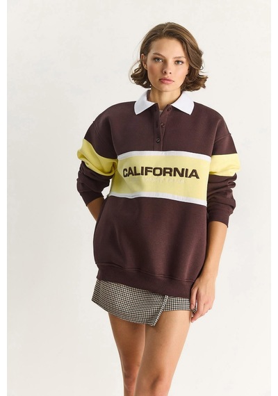 Shade Kadın Polo Yaka Düğmeli California Yazılı Nakış Detaylı Oversize Kadın Sweatshirt 10009 60283563 - Kahverengi