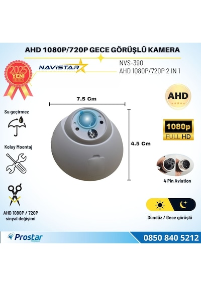 Mini Boyutlu Ahd 1080p Ve 720p Dönüşümlü Gece Görüşlü Dome Kamera