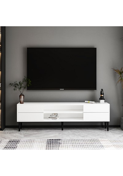 Aragon Modern Tv Sehpası 140 Cm, 2 Kapaklı + 2 Açık Raflı Tv Ünitesi - Beyaz