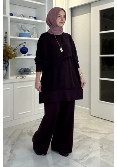 Rabia Şamlı Miray Triko-modal Pantolonlu Takım Mürdüm Normal