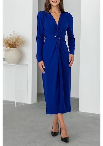 Dip Moda Kadın Kruvaze Yaka Broş Detaylı Midi Elbise Dpnbmy3588 Saks Dip Moda Kadın Kruvaze Yaka Broş Detaylı Midi Elbise Dpnbmy3588 Saks