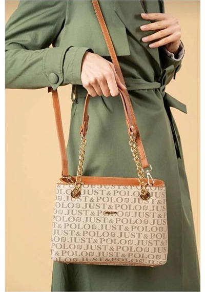 Just Polo Orijinal Kadın 3 Bölmeli Zincir Detaylı Ayarlanabilir Askılı Lüks El & Omuz Çantası Shoulder Bag Kum - Taba