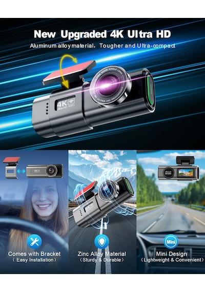 4k Wifi Ön Araç İçi Kamera, Uygulama Kontrolü, 64 G Sd Kart Ve Çıkarılabilir Tutuculu, 1,47 İnç Ips Ekran, 170