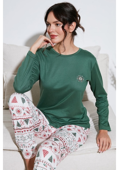 Lela Streç Regular Fit Beli Lastikli Bisiklet Yaka Bayan Pijama Takımı 65714101 Yeşil