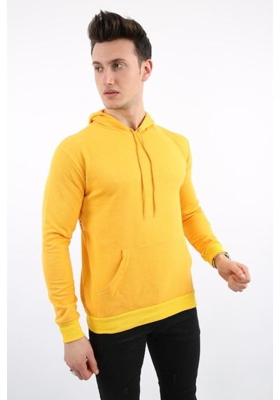 Modish İki İplik Kapşonlu Kanguru Cepli Erkek Günlük Sweatshirt Sarı