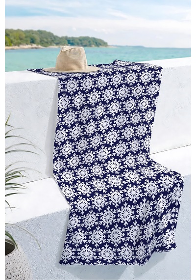 Lacivert Beyaz Kar Tanesi Plaj Havlusu - Geometrik Modern Kış Temalı Hızlı Kuruyan Mikrofiber Havlu Kül Kanyon