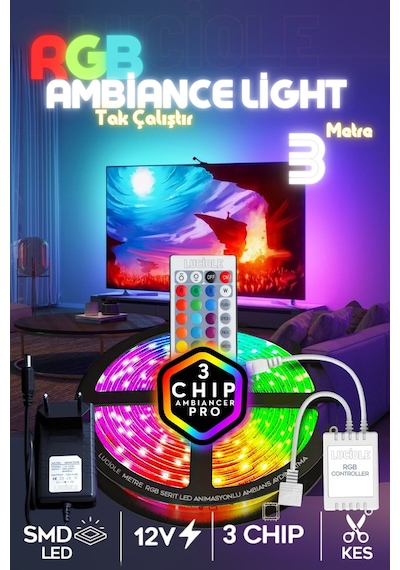 3 Metre Tv Arkası 16 Renkli Tak Çalıştır Yatak Odası Mutfak Bilgisayar Rgb Led Lambader