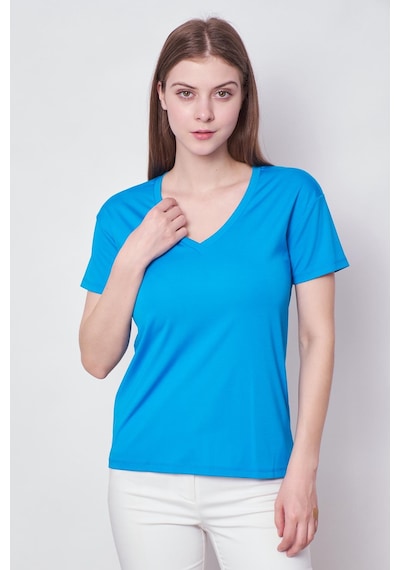 Jument Kadın V Yaka Kısa Kol Likralı Span Kumaş Şık T-shirt Bluz-mavi Mavi