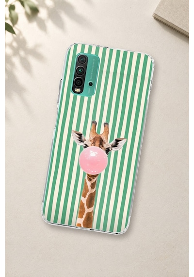 Redmi 9t-poco M3 Uyumlu Yeşil Çizgili Sakız Şişiren Zürafa Baskılı Silikon Kılıf