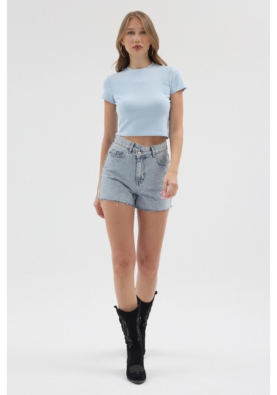Urbantrendstore Kadın Bisiklet Yaka Likralı Kısa Kol Body Crop Bluz Günlük Şık Sade Yazlık Casual Crop Kadın Crop Mavi