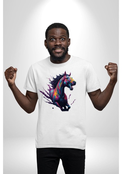 Renkli At Koşu Unisex Unisex Beyaz Organik Baskılı T-shirt Penye Yüksek Kalite Beyaz