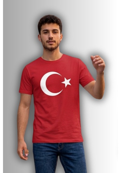 Baranışık Özel Tasarım Türk Bayrağı Baskılı Tshirt - %100 Pamuk Penye Süprem Sıfır Yaka Unisex Kırmızı