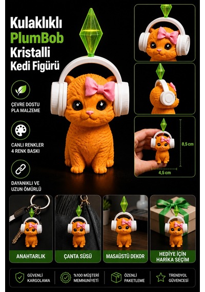 11 Cm Sims Plumbob Kulaklıklı Kristalli Kedi Figürü-dekoratif Sevimli Kedi Biblo