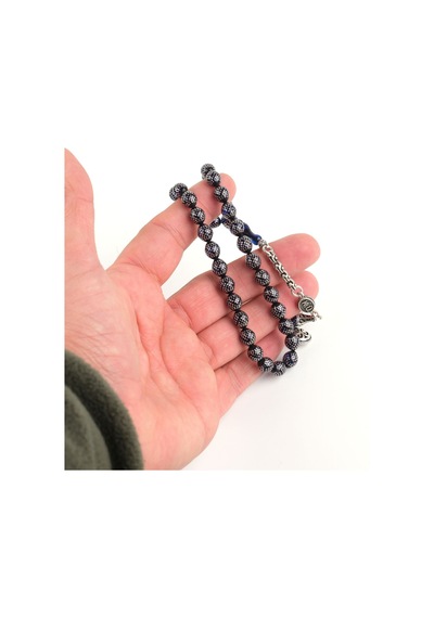 Ateş Kehribar 925ayar Gümüş Çakım Ve Püskül Bilek Boy Beyzi Kesim 7x8.5mm Tesbih Siyah