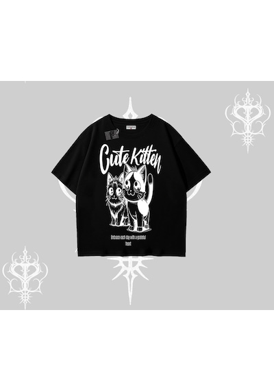 Startmore Startmore Cute Kitten Yazılı Sevimli Kedi Baskılı Oversize Tshirt Siyah