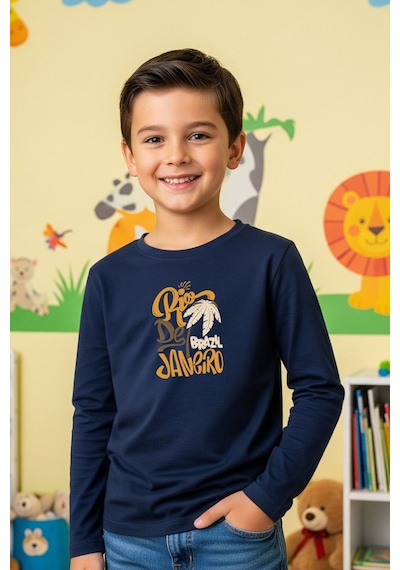 Fyk Kids Sıfır Yaka Rio De Jenerio Baskılı Erkek Çocuk Sweatshirt Indigo