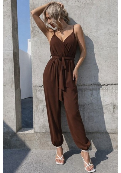 Butik İstanbul Kadın Ip Askılı Kruvaze Yakalı Belden Kuşaklı Uzun Sandy Tulum Kahve