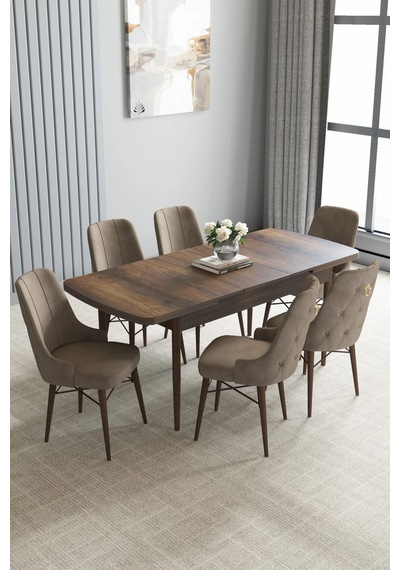 Zümra Serisi, Barok Ahşap Desen 80x132 Açılabilir Mdf Mutfak Masası Takımı 6 Adet Sandalye, Cappucino Zümra Serisi, Barok Ahşap Desen 80x132 Açılabilir Mdf Mutfak Masası Takımı 6 Adet Sandalye, Cappucino