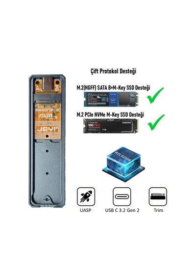 Thunderate M.2 Pcıe Nvme Ve M.2 Ngff Sata Ssd To Usb 3.2 Gen2 Çevirici Dönüştürücü Adaptör H