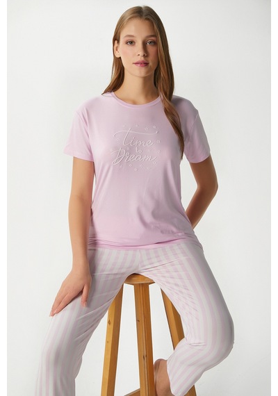 Ritnice Kadın Time Yumuşak Doku Pembe Çizgili Bisiklet Yaka Kısa Kollu Alt Üst Pijama Takımı Pembeekru Çok Renkli