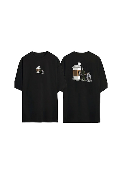 Thewert Unisex Coffee Refill Ön Arka Baskılı Sıyah Oversize T-shirt Siyah
