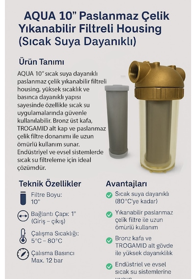 Aqua 10 Sıcak Suya Dayanıklı Bronz Housing Paslanmaz Çelik Yıkanabilir Filtreli