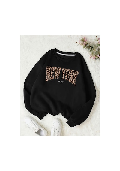 Herkesemoda New York Desen Detaylı Bisiklet Yaka İçi Polarlı Sweatshirt Siyah