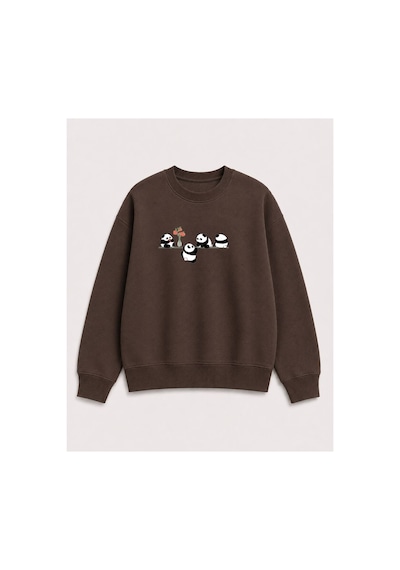 Herkesemoda Yavru Pandalar Baskılı 2 İplik Şardonlu Bisiklet Yaka Sweatshirt Kahverengi