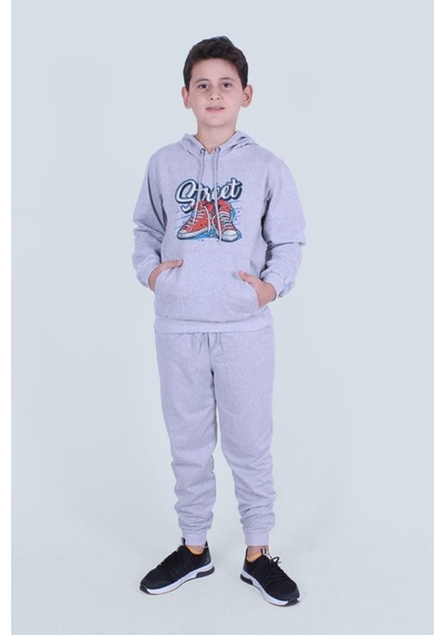 Fyk Kids Kapüşonlu Kanguru Cepli Erkek Çocuk Eşofman Takımı Melanj Gri