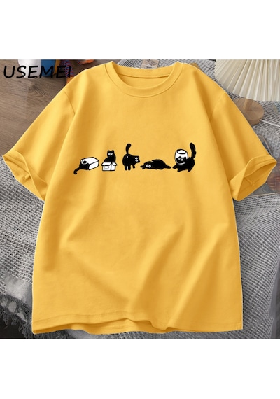 Flood Of Style Beş Ruh Kediler T-shirt Boy Kedi Anne Tee Komik Pamuk Kısa Kollu Kedi Severler T Shirt Erkek Sarı