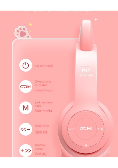 P47m Cat Ear Çocuk Baş-kulak Bluetooth Kulaklık-siyah