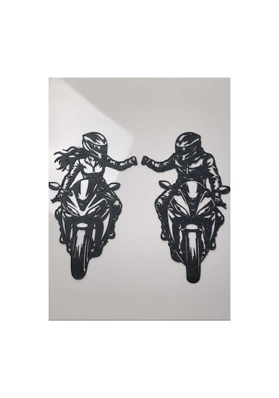 Motosikletli Çift 2'li Set Siyah Plastik Duvar Dekoru Motorcu Duvar Süsü 13.5 X 23 Cm