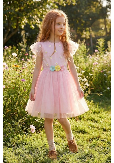 Esila Kids Kız Çocuk Elbise Çiçek Desen Abiye Elbise Pembe